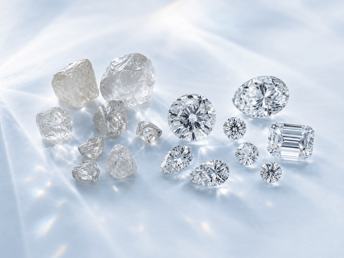 Rough diamonds beside polished cut diamonds